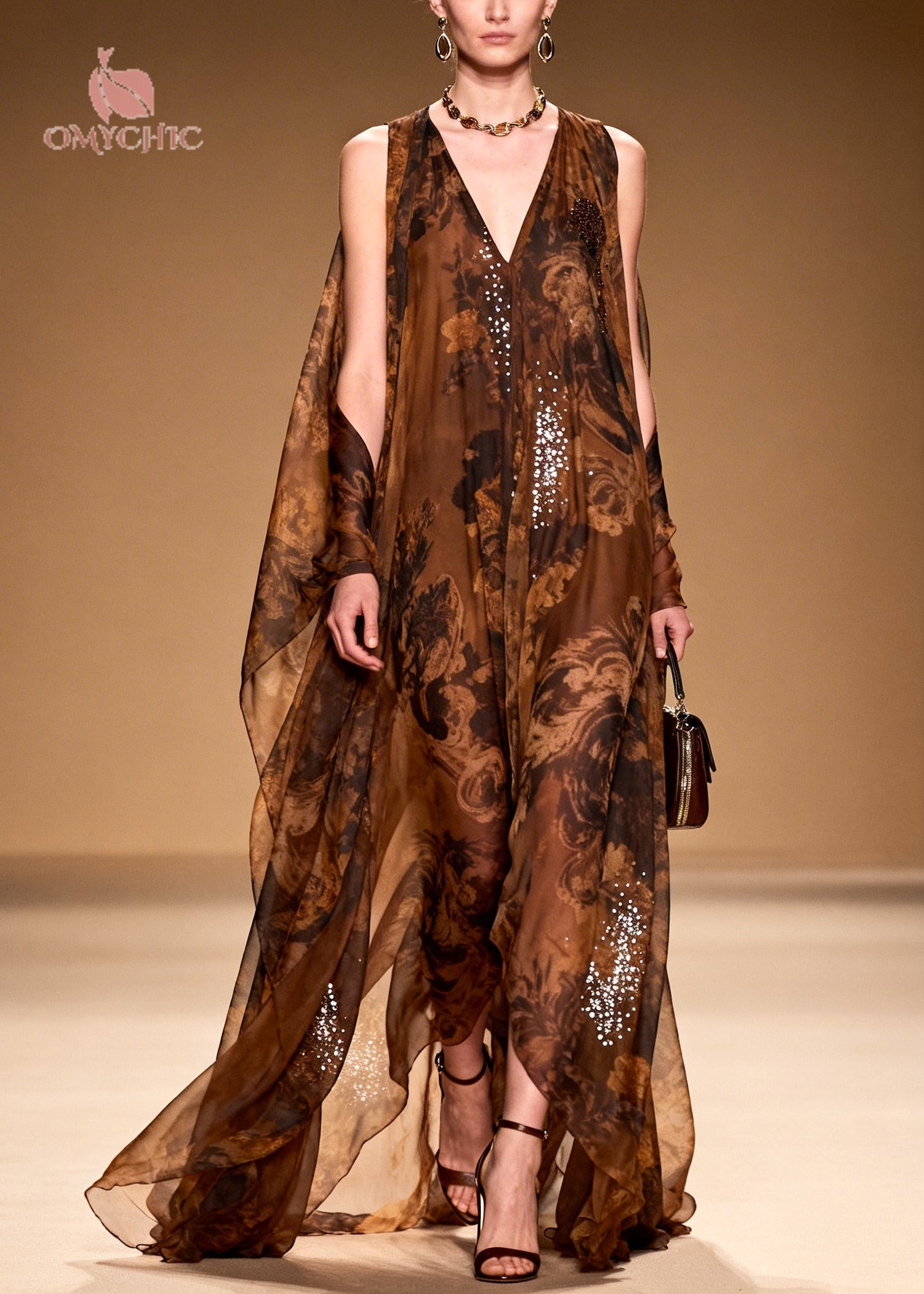 Sequin Floral Print Deep V-Neck Sheer Cape Panel Maxi Gown