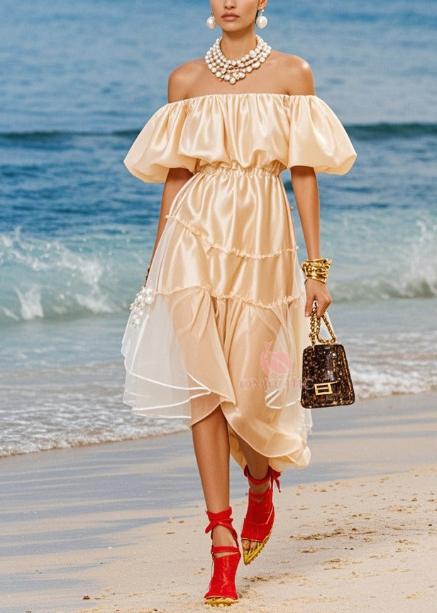 Off Shoulder Puff Sleeve Tiered Ruffle Sheer Panel Satin Midi Dress