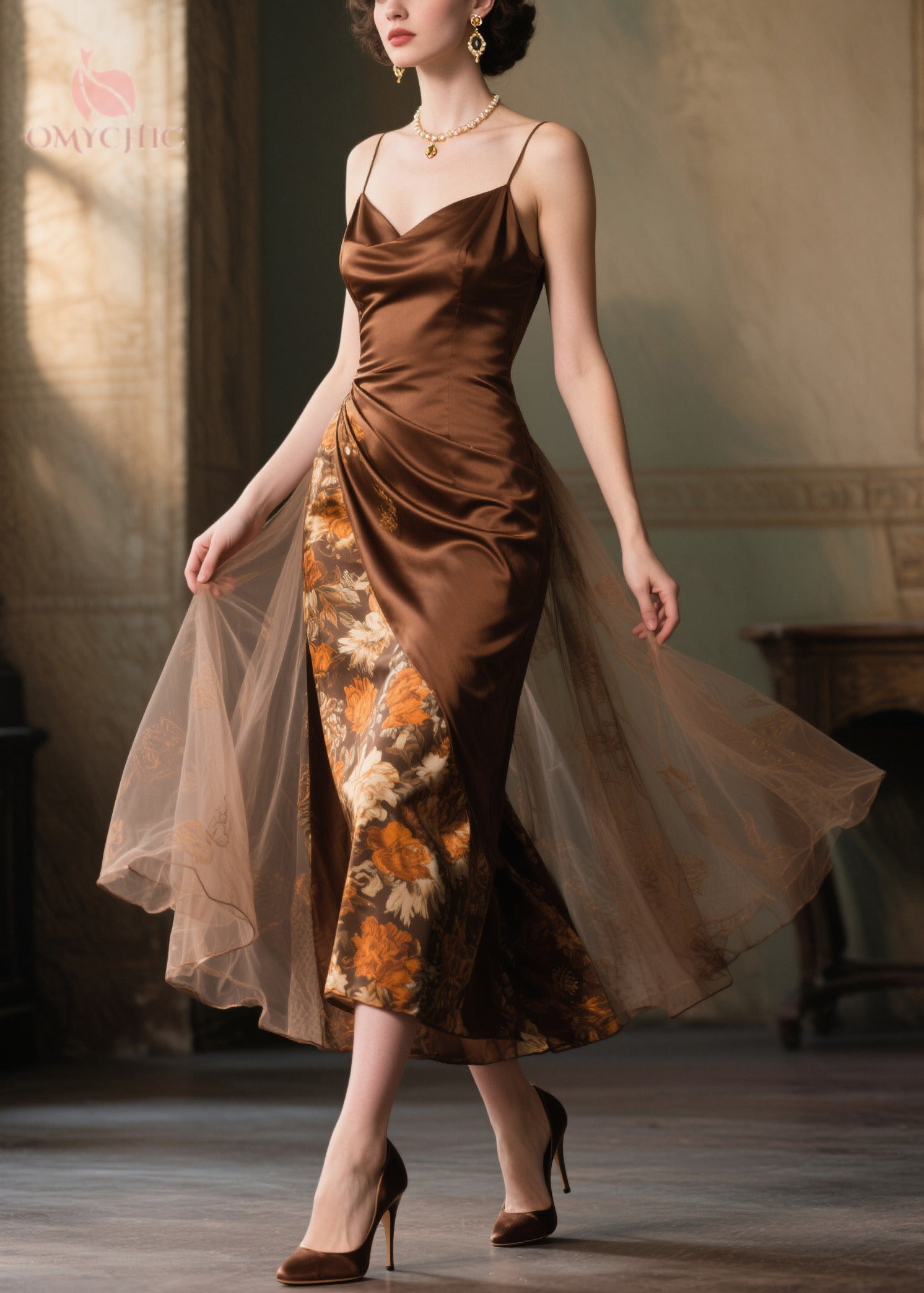 Cowl Neck Spaghetti Strap Asymmetric Floral Panel Tulle Overlay Wrap Midi Dress