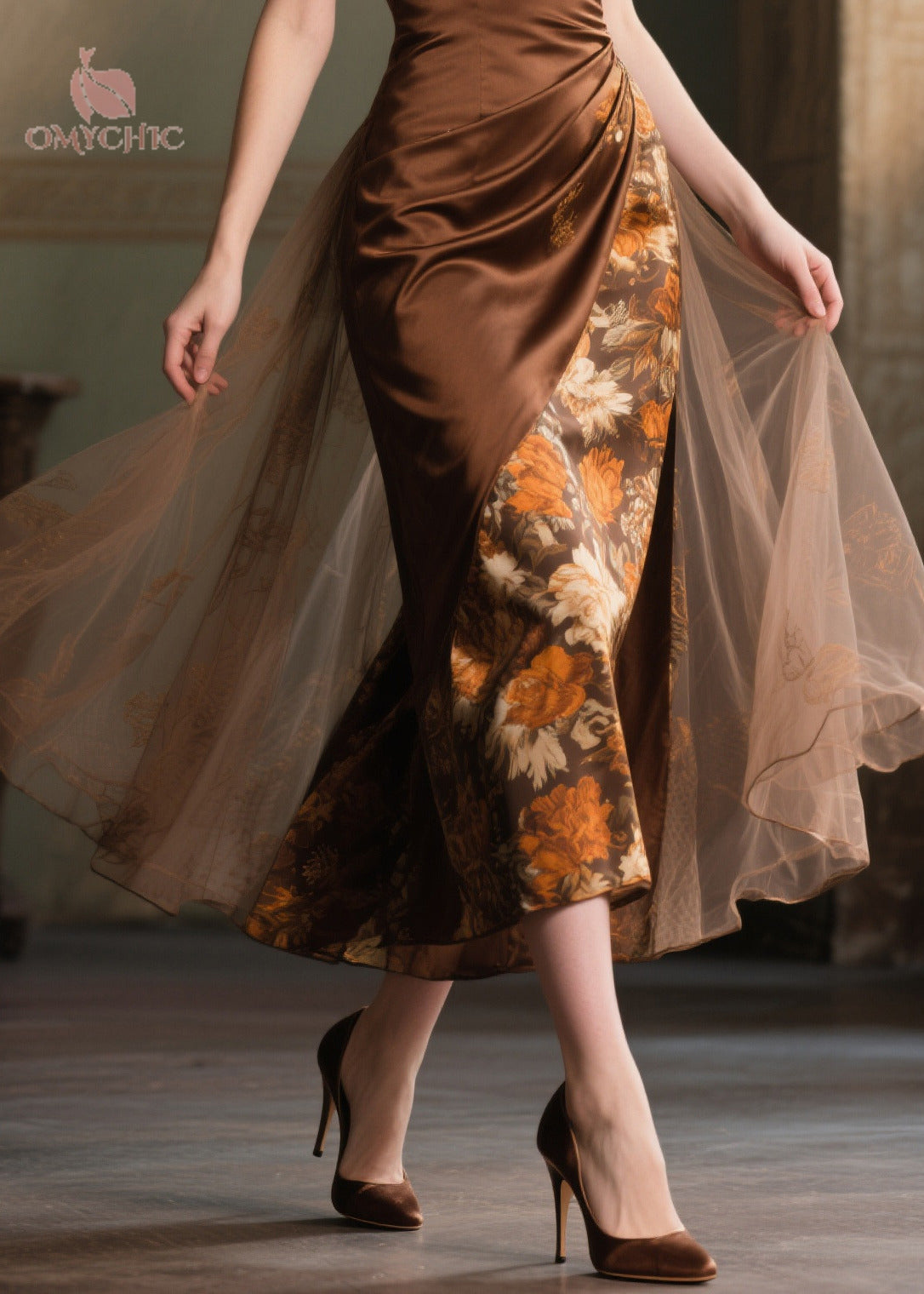 Cowl Neck Spaghetti Strap Asymmetric Floral Panel Tulle Overlay Wrap Midi Dress