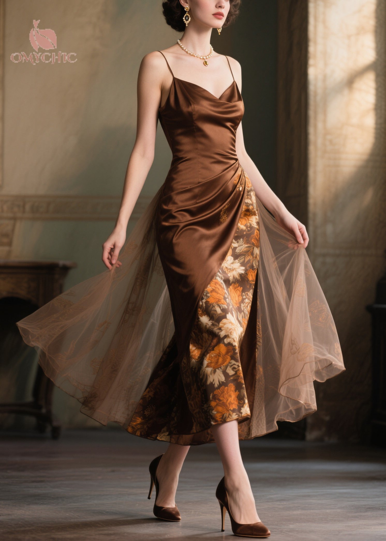 Cowl Neck Spaghetti Strap Asymmetric Floral Panel Tulle Overlay Wrap Midi Dress