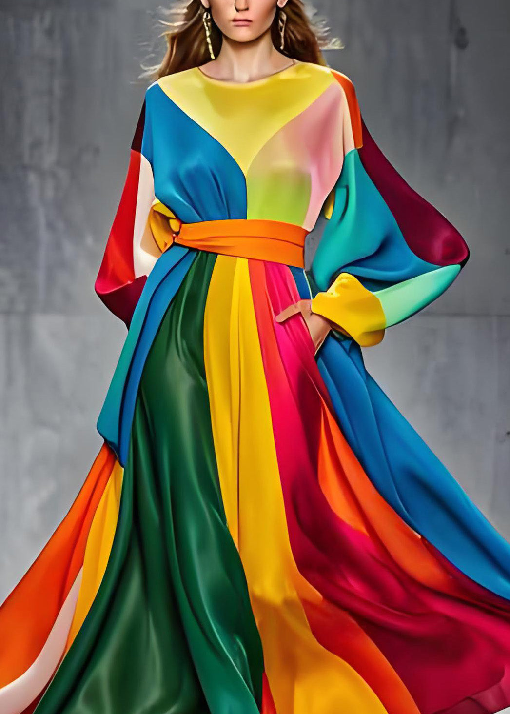 Satin Round Neck Bishop Sleeve Belted Geometric Patchwork Pocket Maxi Gown