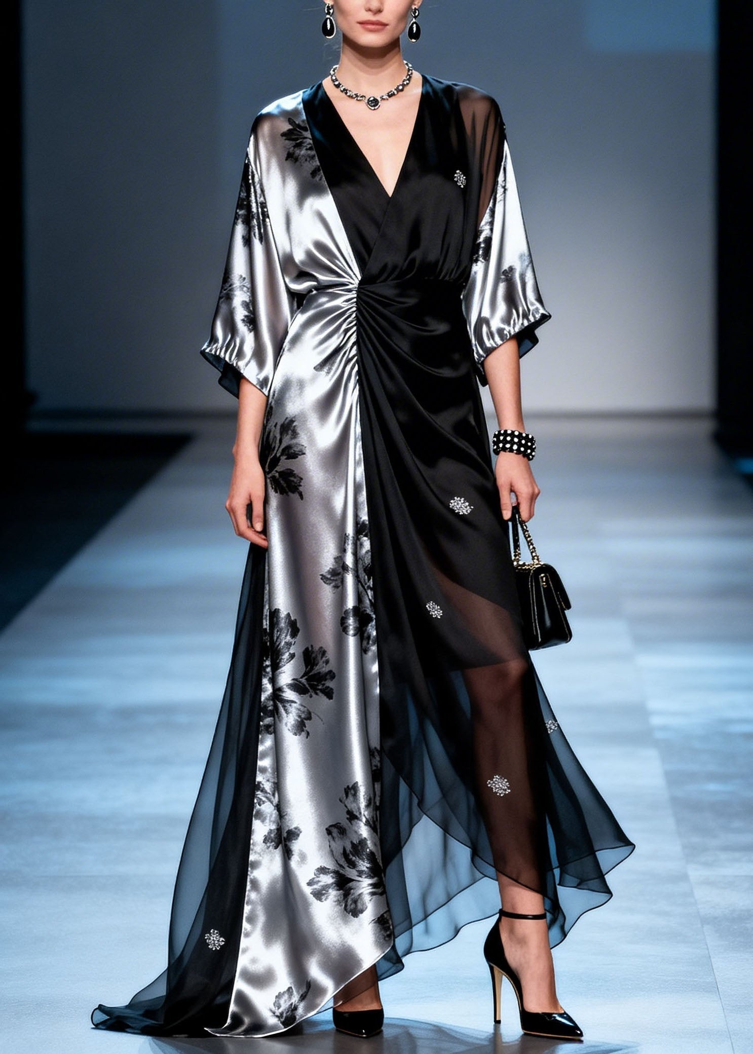 Floral Print Deep V-Neck Wrap Kimono Sleeve Ruched Waist Rhinestone Embellished Chiffon Maxi Gown