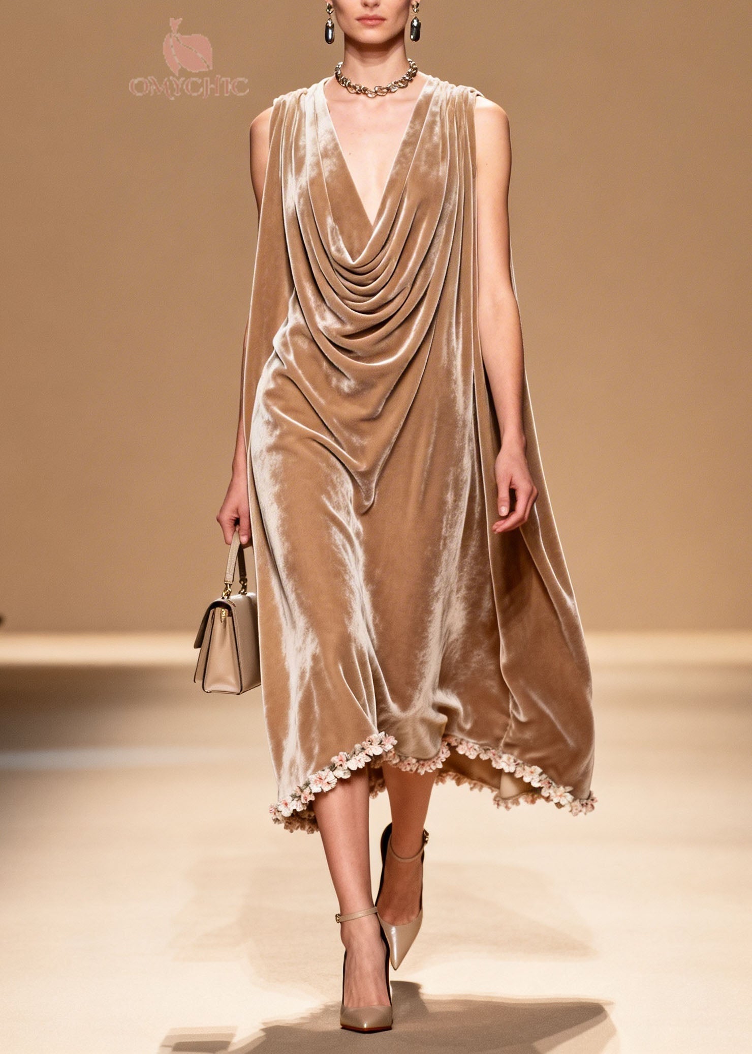 Boutique Draped Neckline Floral Patchwork Velvet Dresses Sleeveless