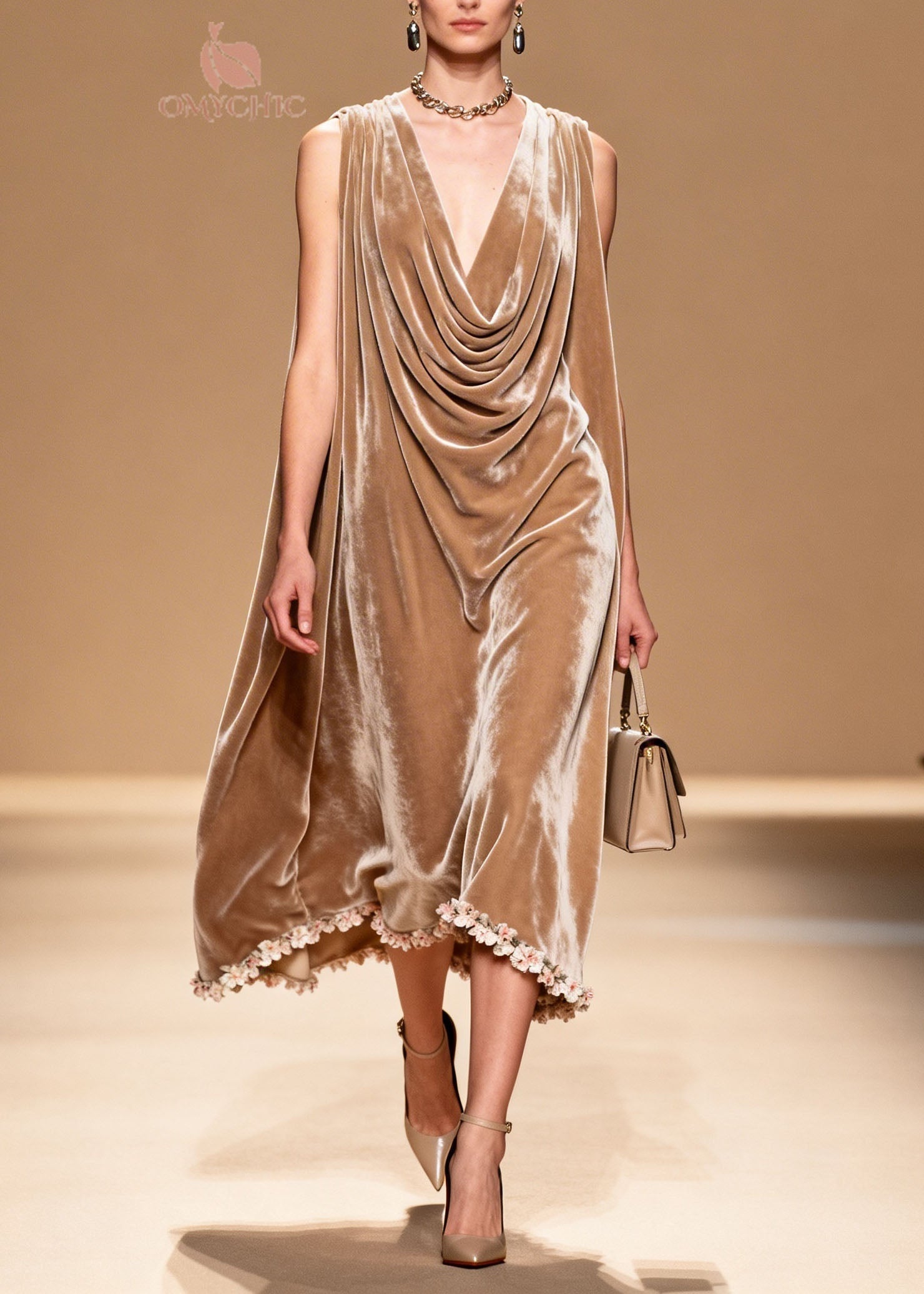 Velvet Deep V-Neck Cowl Drape Cape Panel Floral Rosette Hem Midi Dress