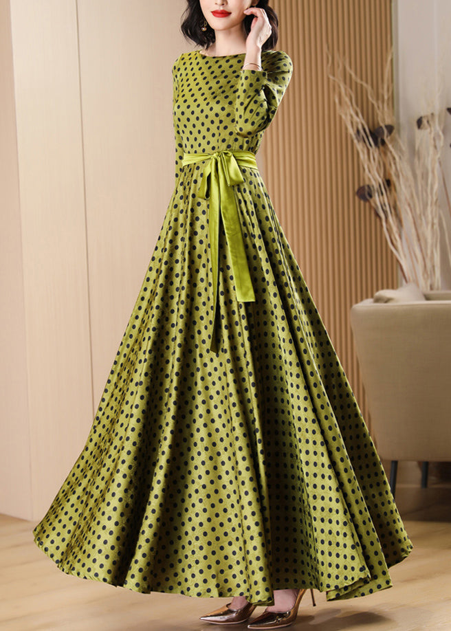 Polka Dot Crew Neck Long Sleeve Sash Tie Waist Maxi Dress
