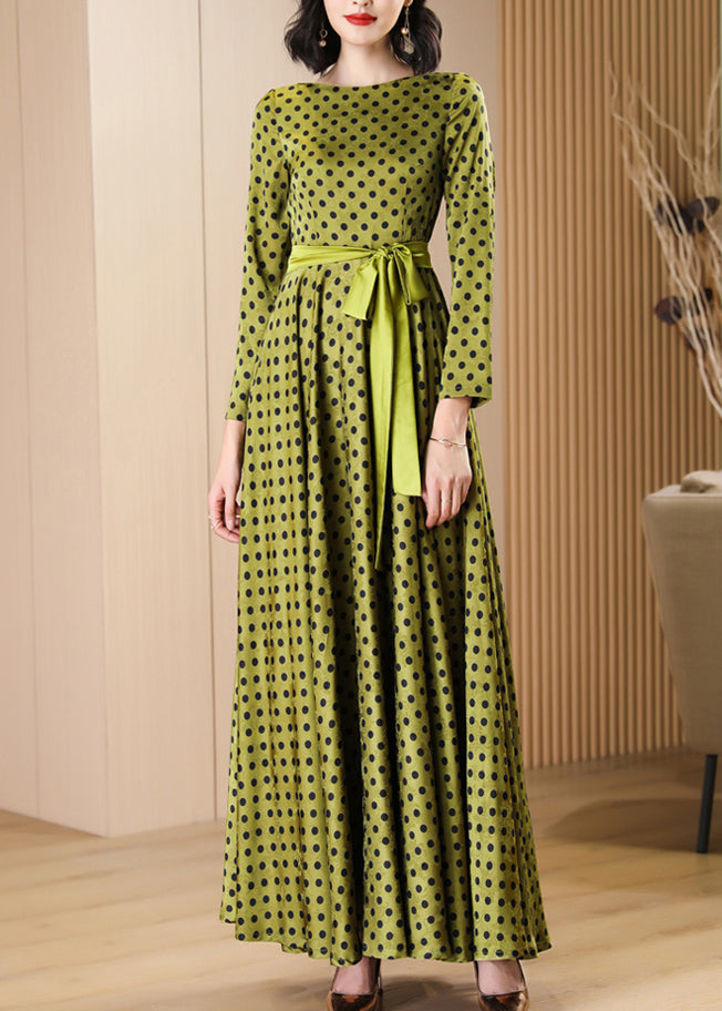 Polka Dot Crew Neck Long Sleeve Sash Tie Waist Fit and Flare Maxi Dress