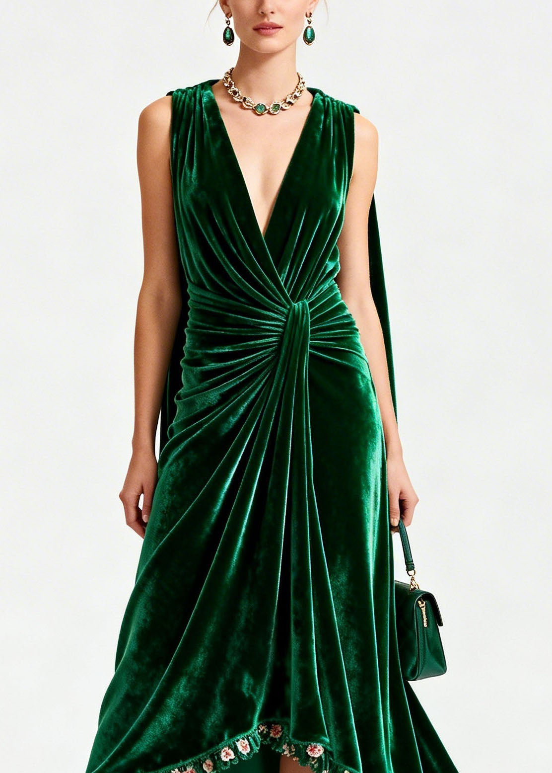 Velvet Deep V-Neck Sleeveless Knot Waist Ruffle Floral Trim High Low Gown