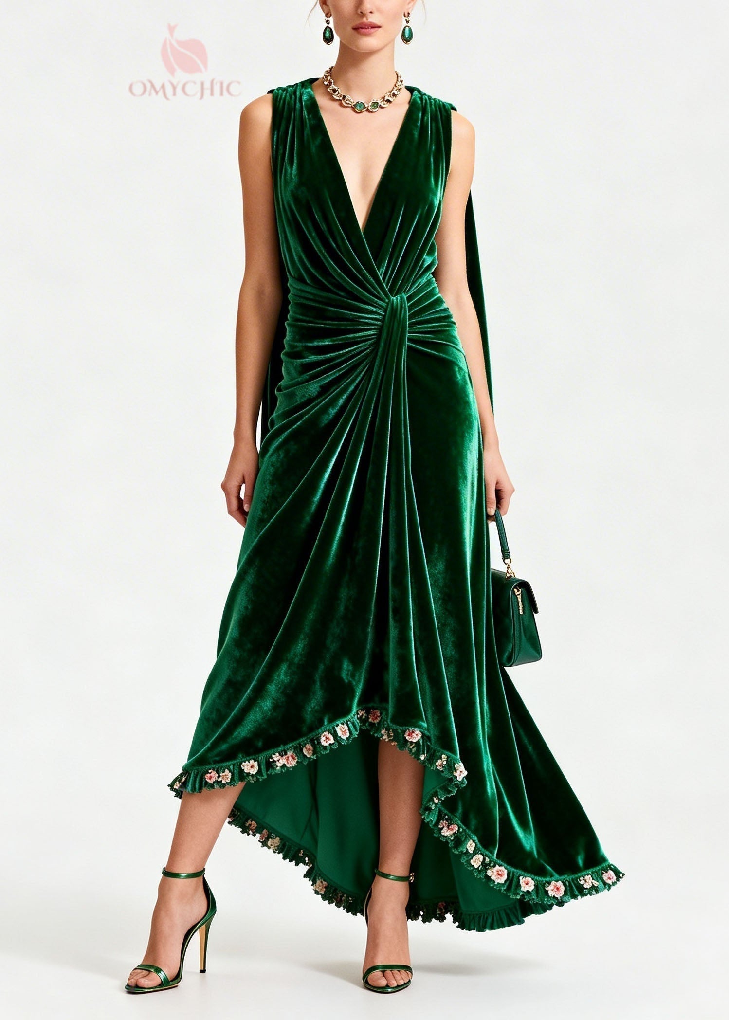 Velvet Deep V-Neck Sleeveless Knot Waist Ruffle Floral Trim High Low Gown