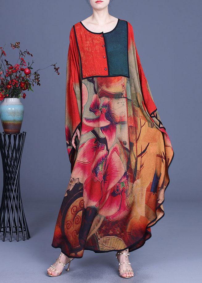 Floral Print Patchwork Button Front Batwing Sleeve Oversized Maxi Dress