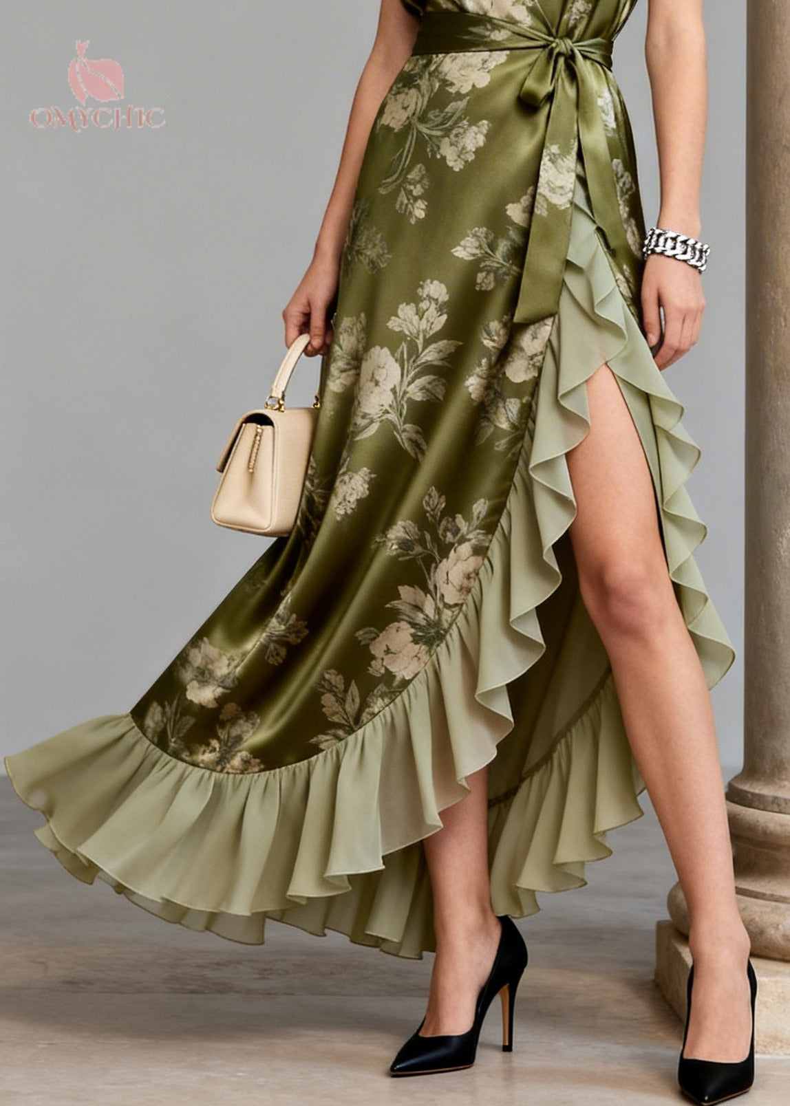 Boutique Green Ruffled Patchwork Print Chiffon Long Dresses Summer - View 4