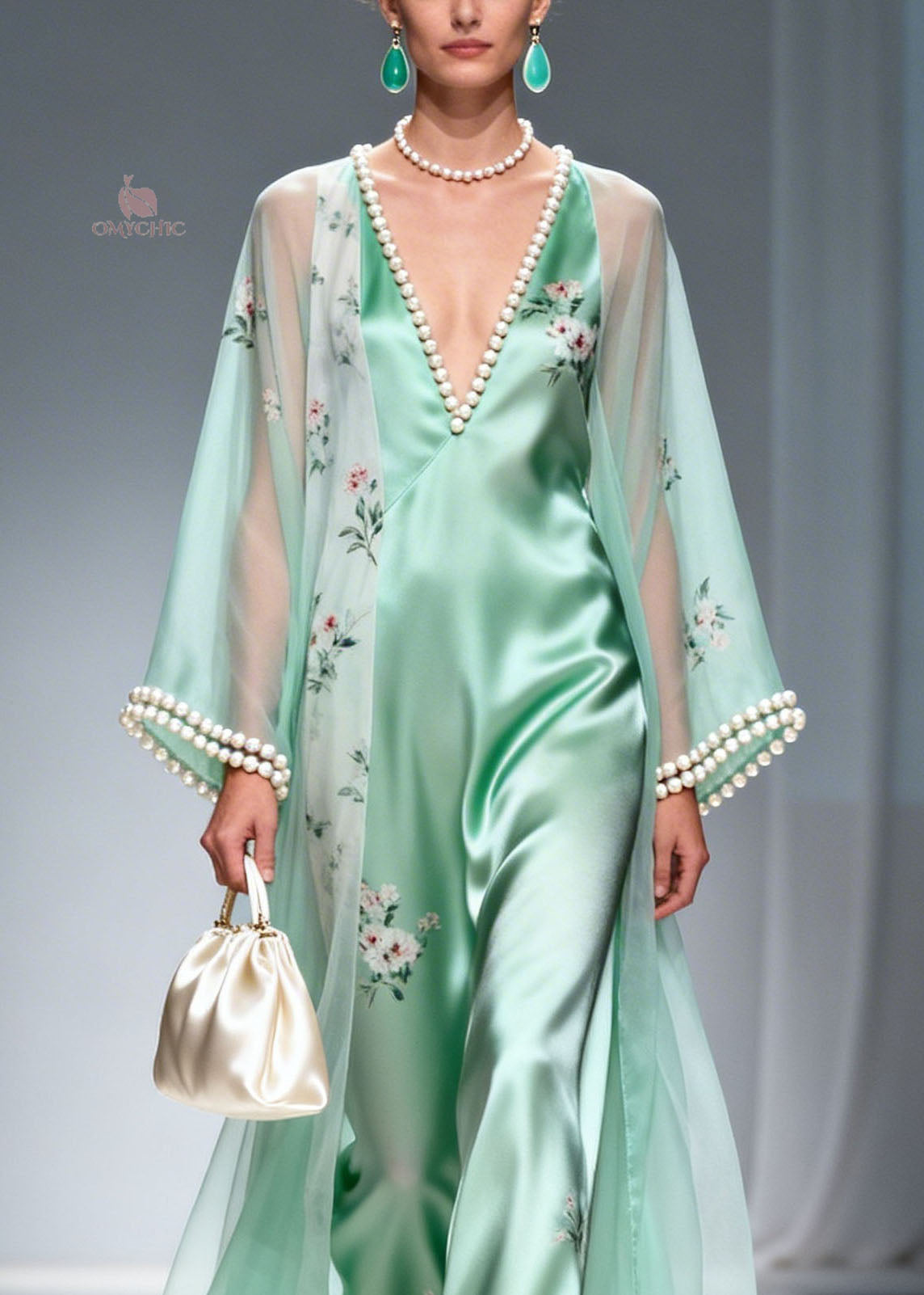Satin Floral Deep V-Neck Pearl Trim Wide Leg Jumpsuit Sheer Robe Set