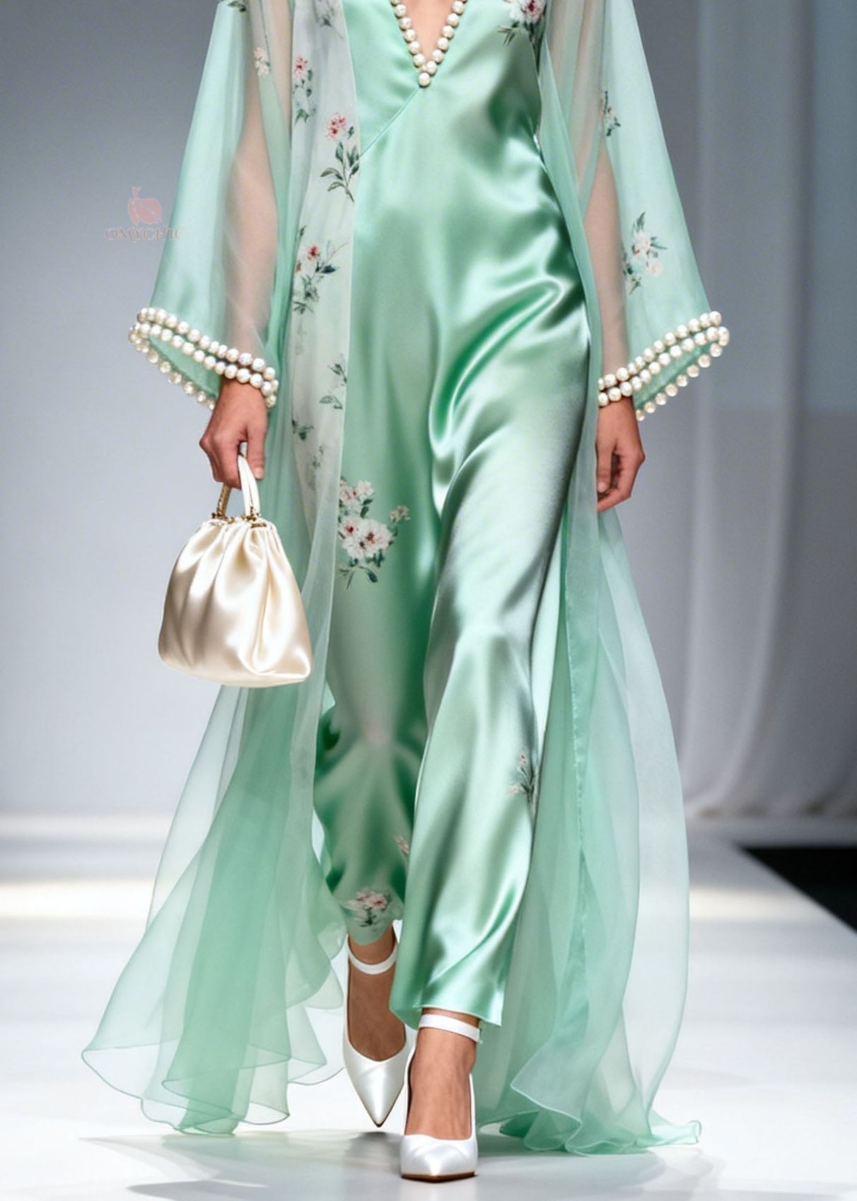 Satin Floral Deep V-Neck Pearl Trim Wide Leg Jumpsuit Sheer Robe Set