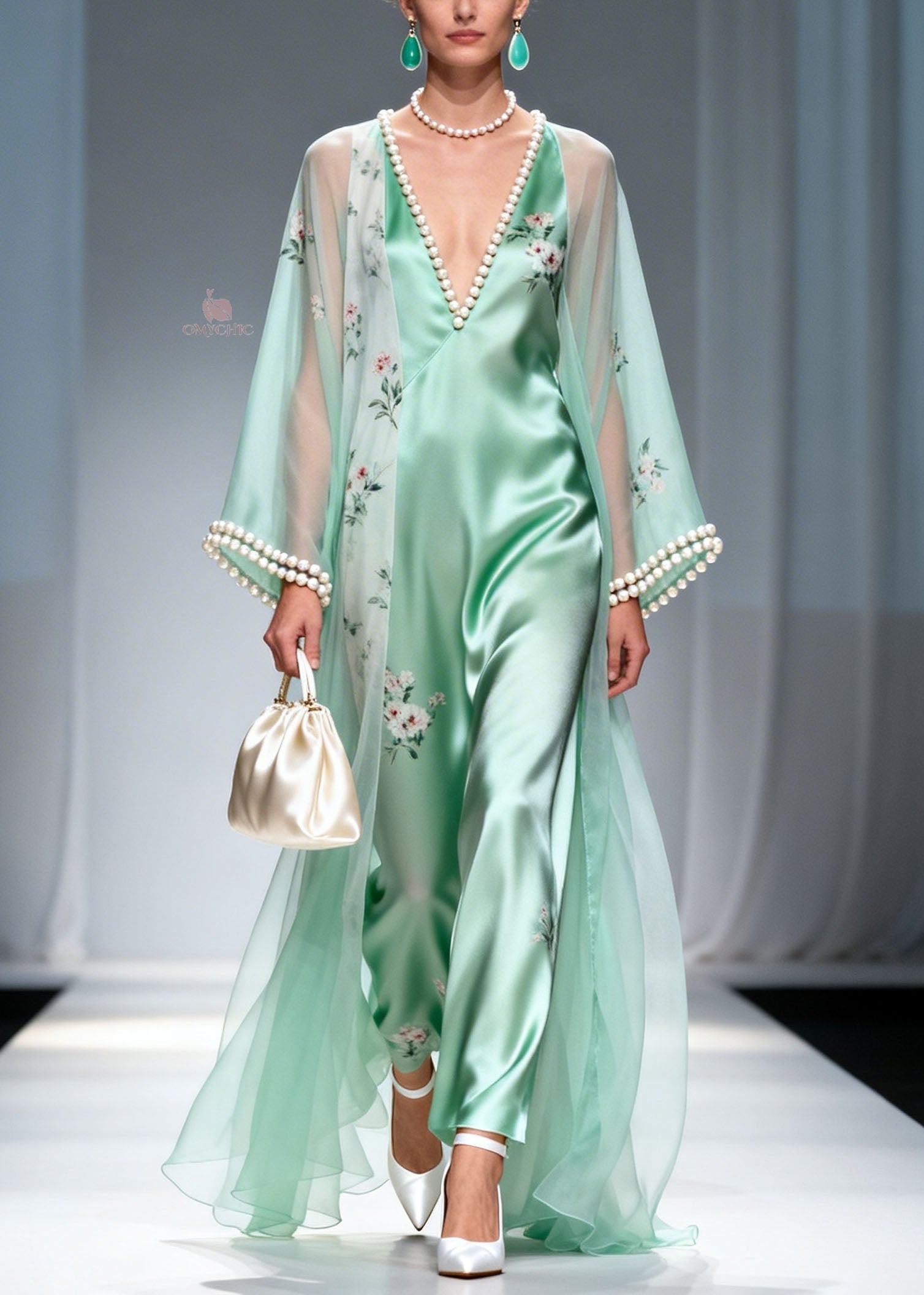 Satin Floral Deep V-Neck Pearl Trim Wide Leg Jumpsuit Sheer Robe Set