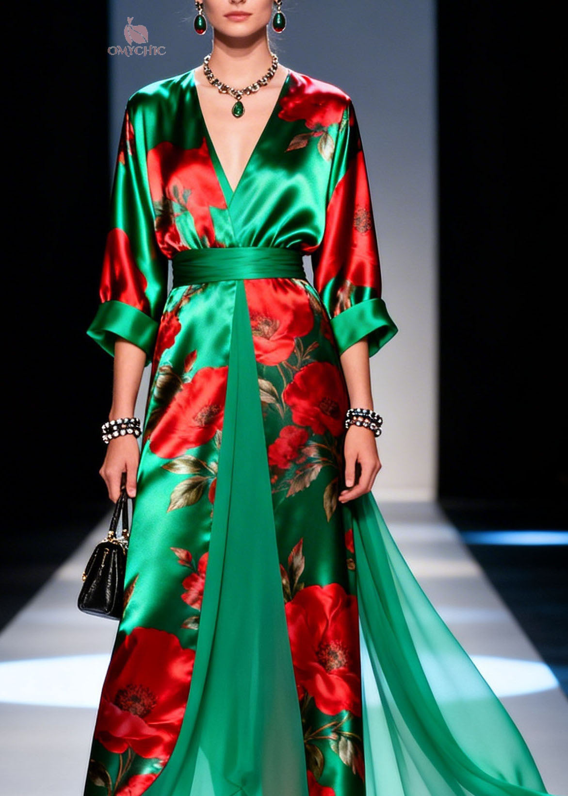 Floral Print Satin Wrap Deep V-Neck Belted Chiffon Panel Maxi Gown