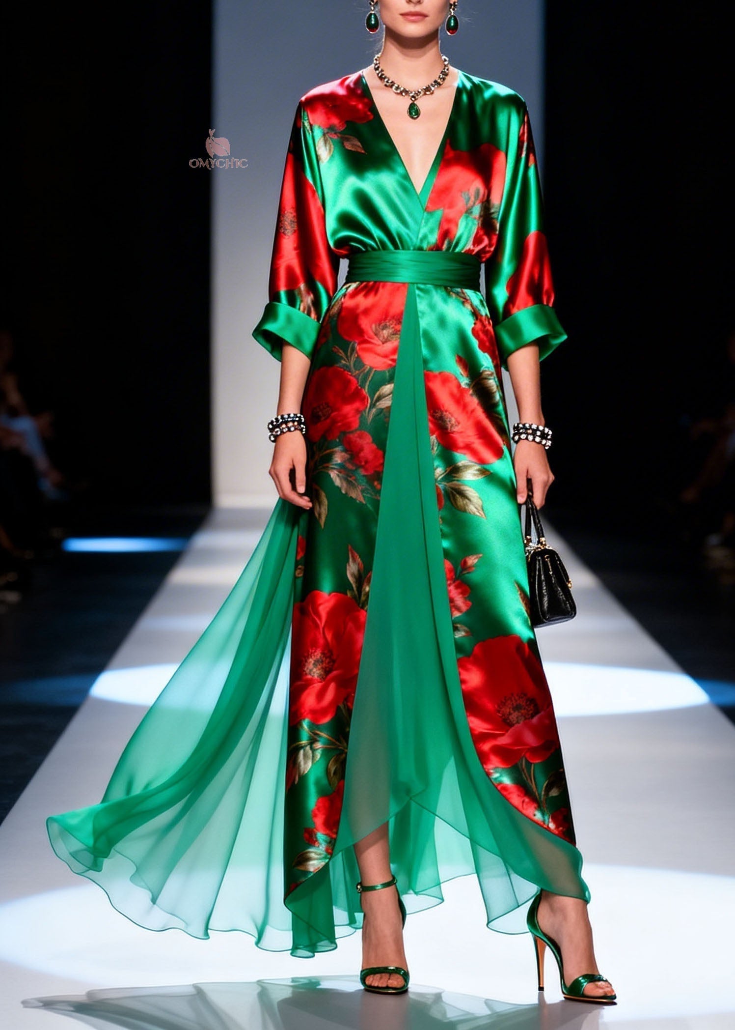 Floral Print Satin Wrap Deep V-Neck Belted Chiffon Panel Maxi Gown