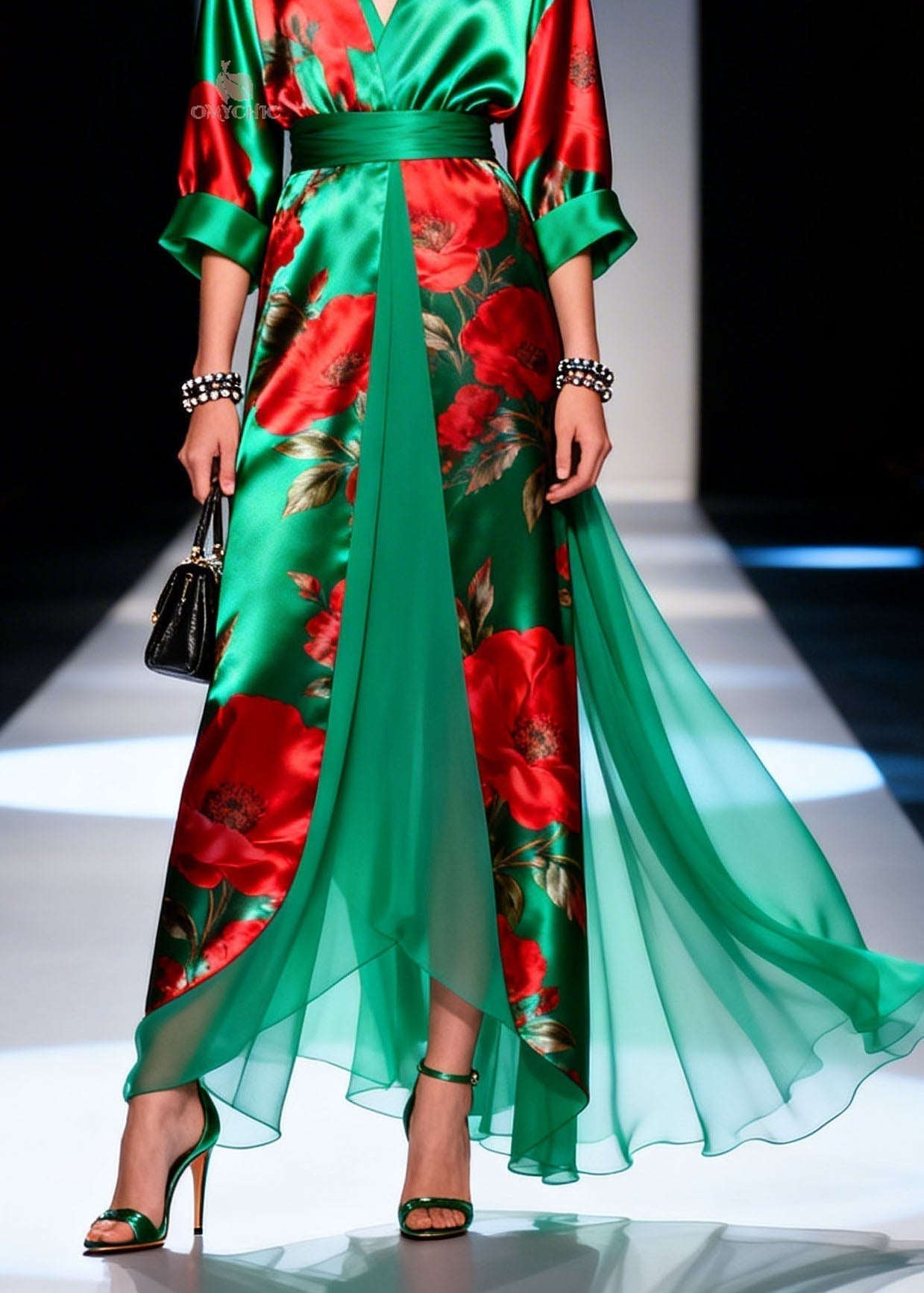 Floral Print Satin Wrap Deep V-Neck Belted Chiffon Panel Maxi Gown