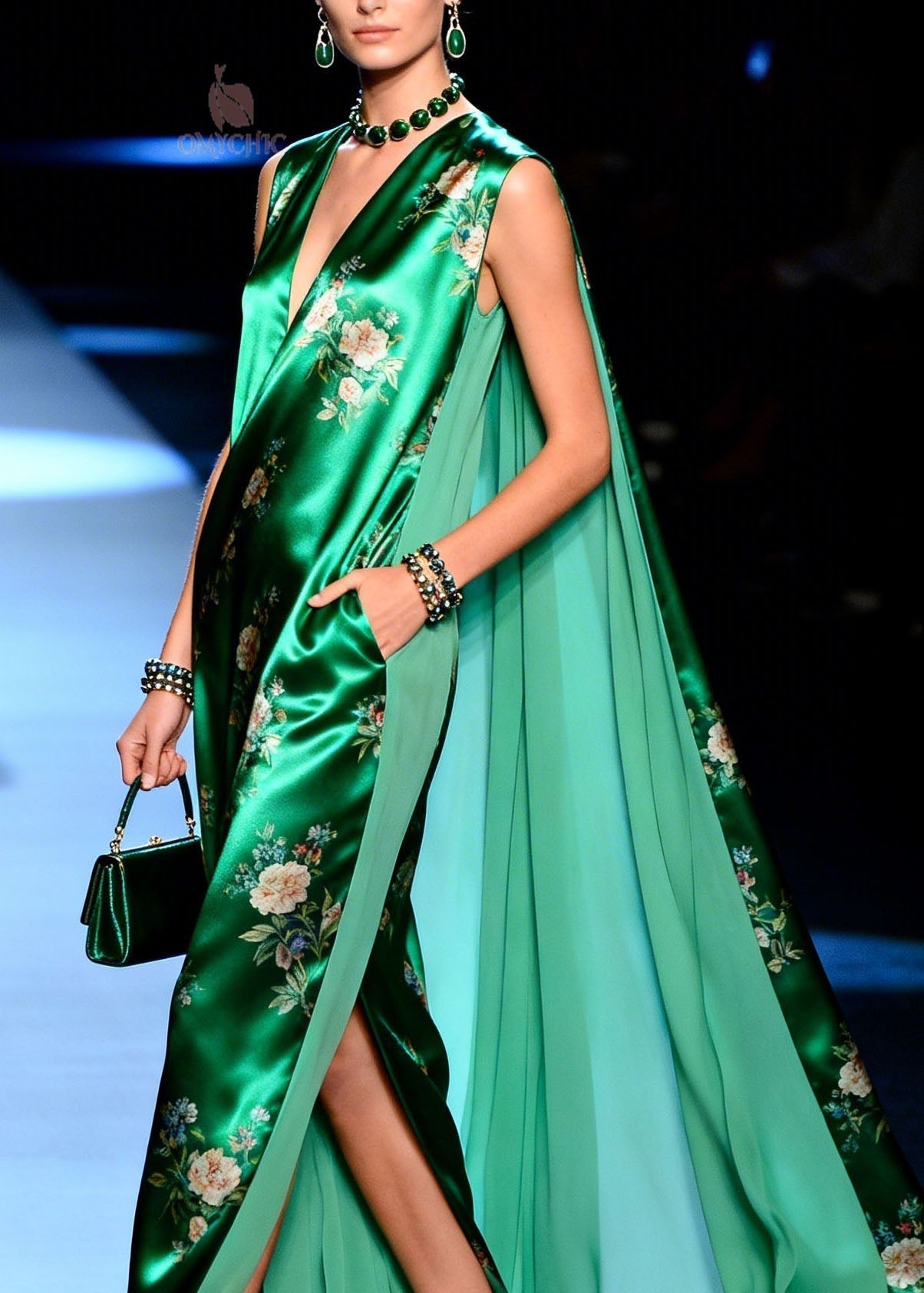 Floral Print Satin Deep V-Neck Sleeveless Side Pocket High Split Chiffon Cape Maxi Gown