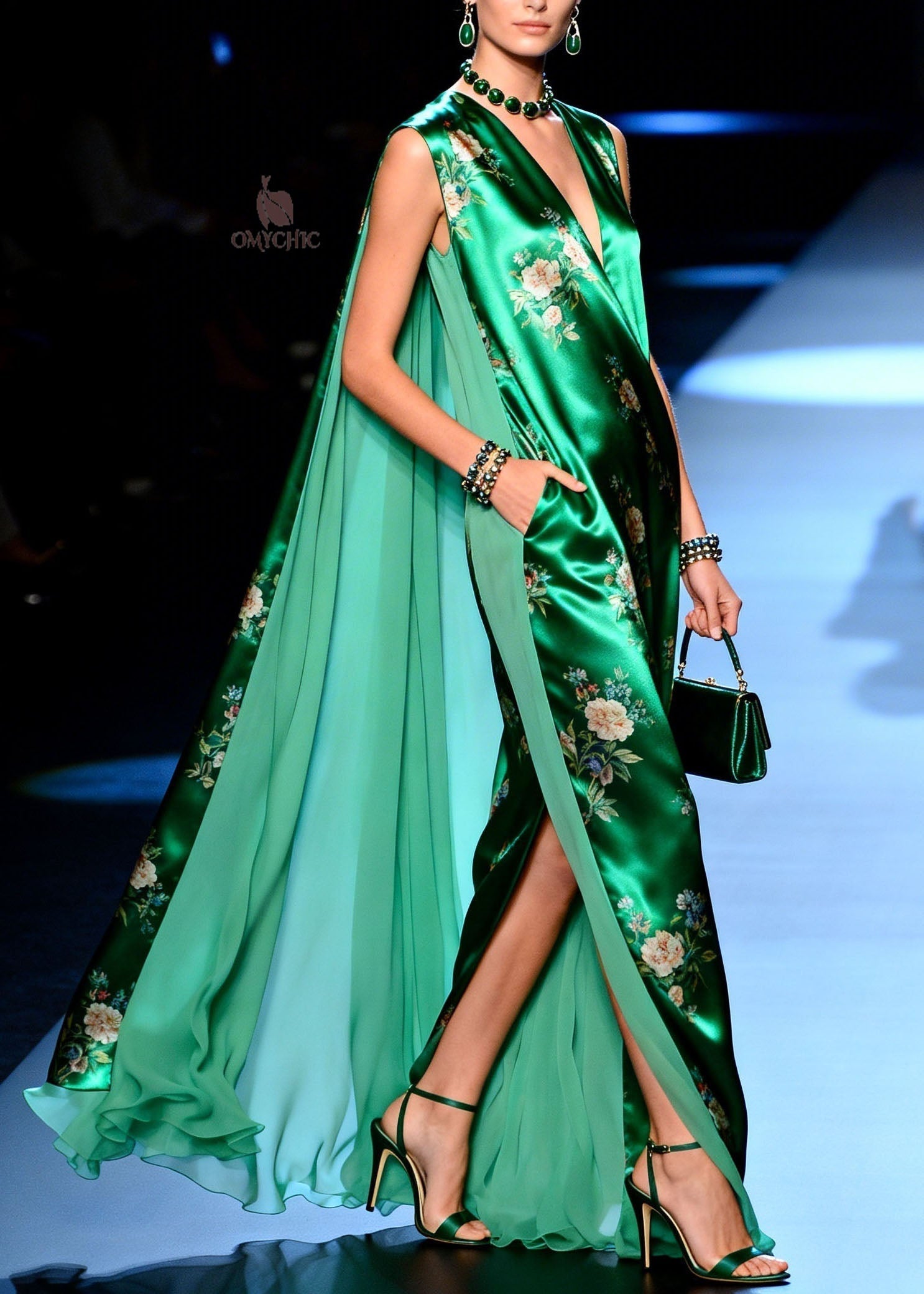 Floral Print Satin Deep V-Neck Sleeveless Side Pocket High Split Chiffon Cape Maxi Gown