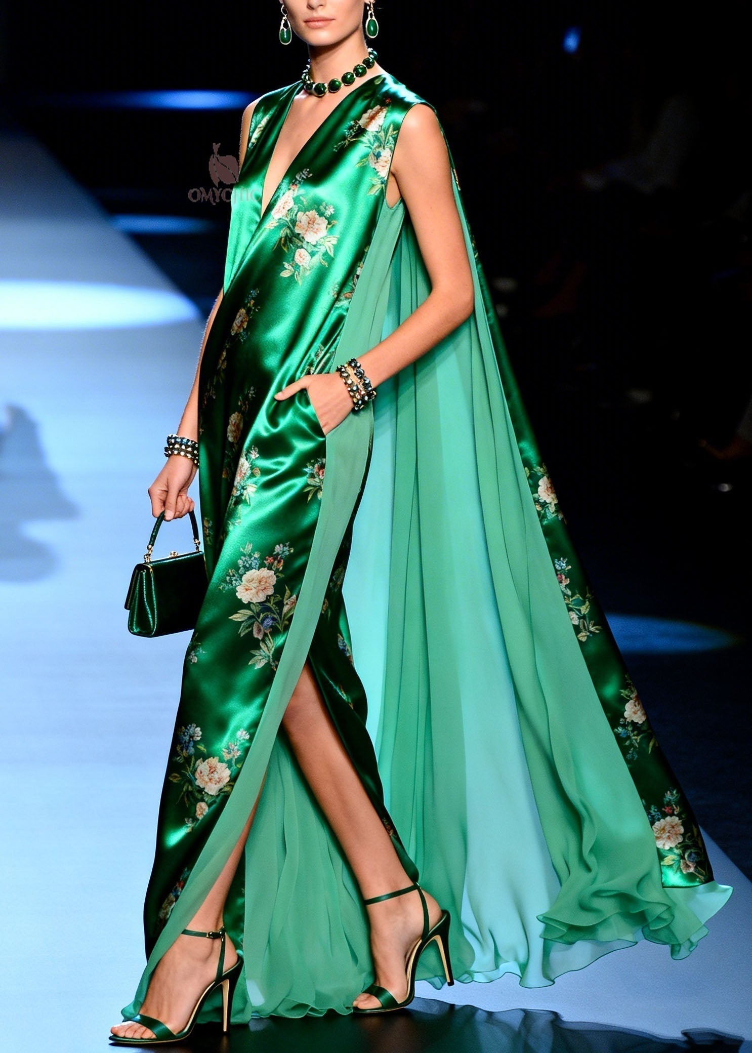 Floral Print Satin Deep V-Neck Sleeveless Side Pocket High Split Chiffon Cape Maxi Gown
