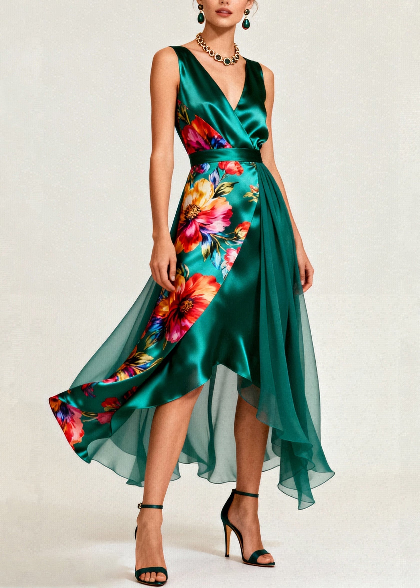 Floral Print Surplice V-Neck Sheer Drape High Low Midi Dress