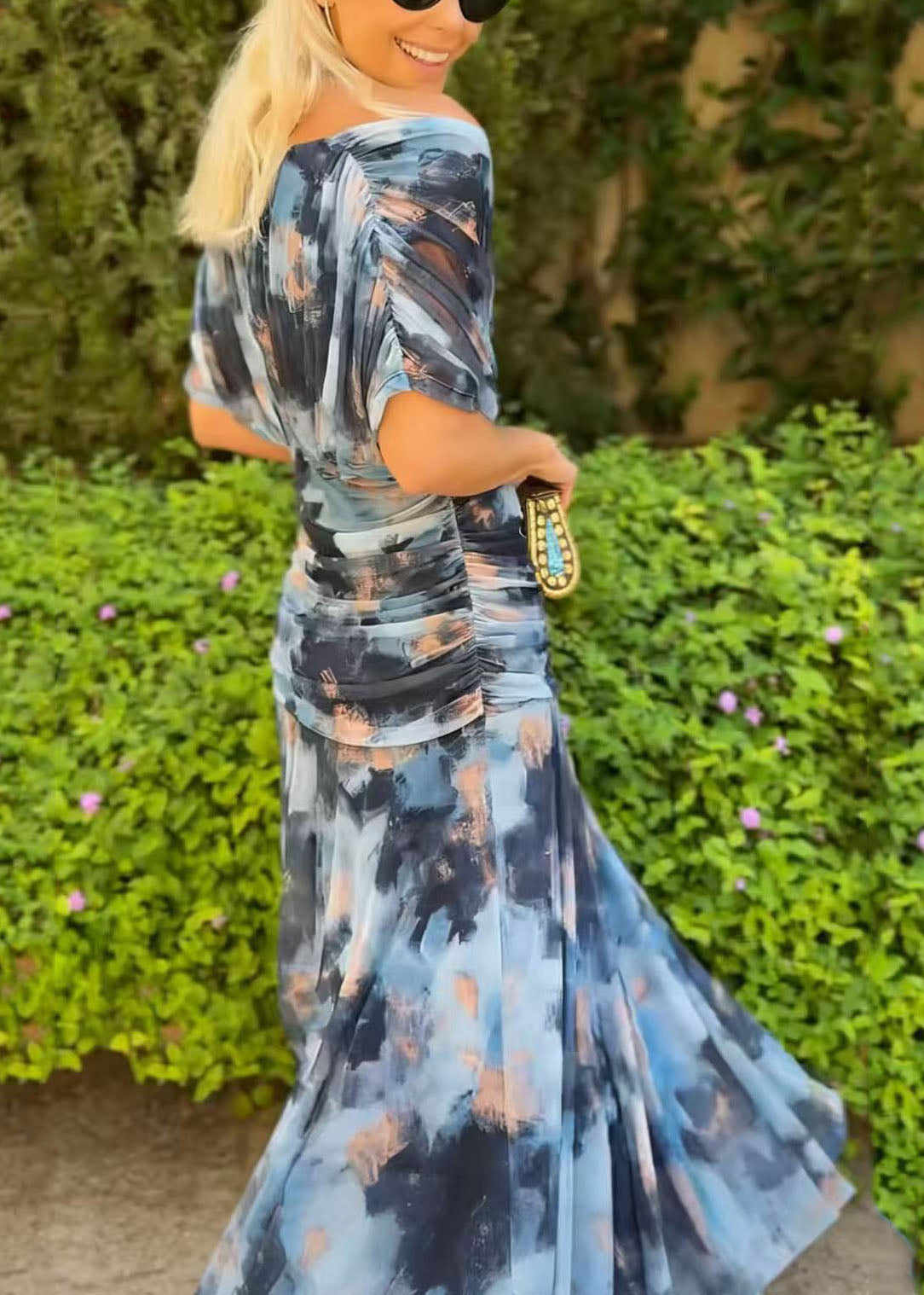 Boutique Green V Neck Print Tulle Maxi Dress Summer 3