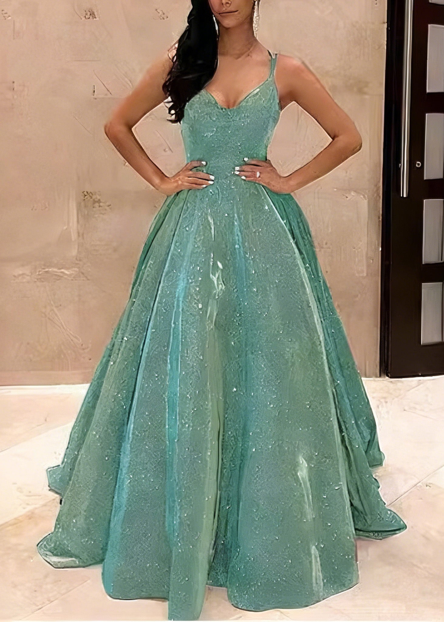 Sequin Spaghetti Strap Crisscross Back A-Line Ball Gown