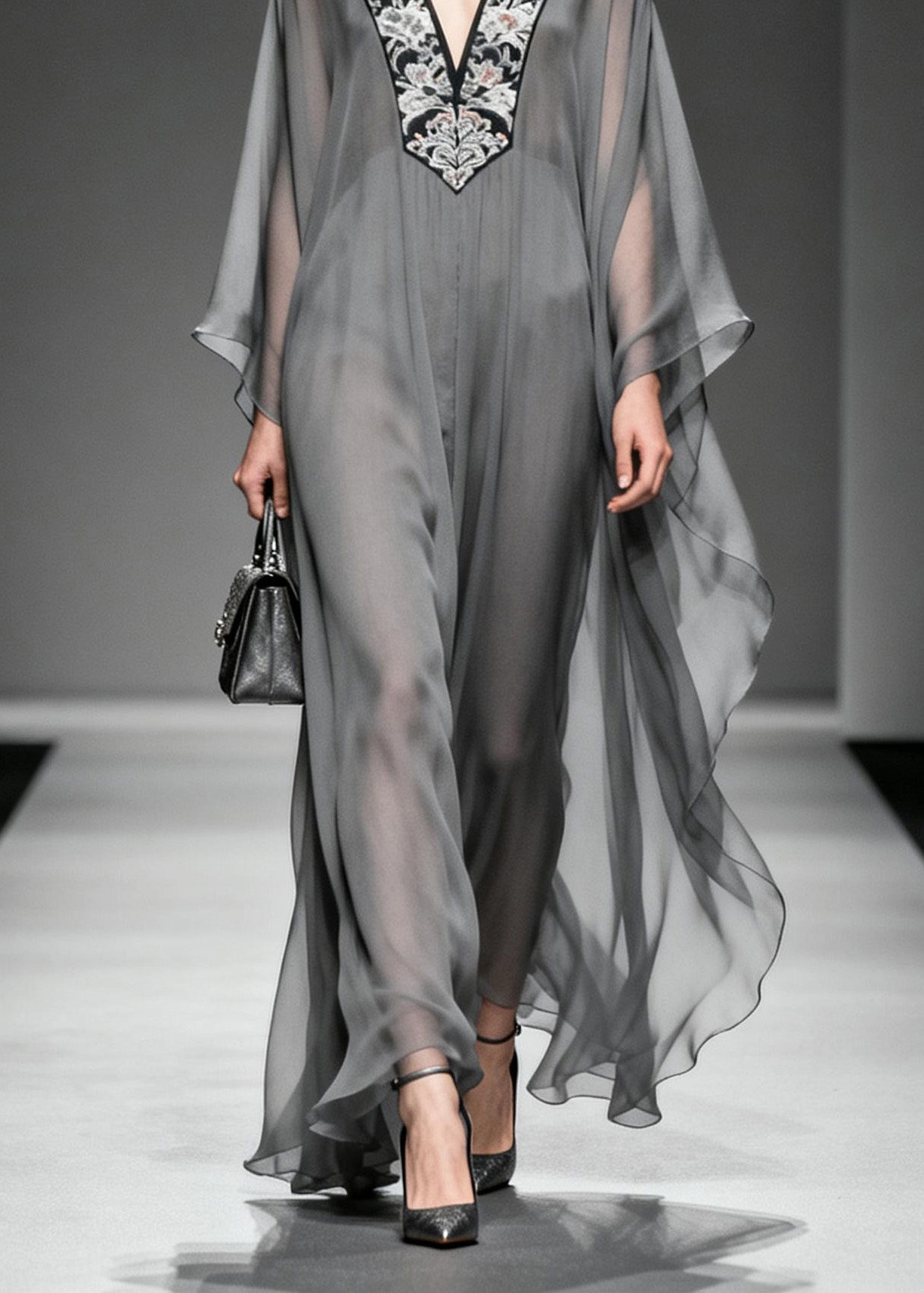 Floral Embroidery Deep V-Neck Angel Sleeve Sheer Chiffon Kaftan Maxi Dress