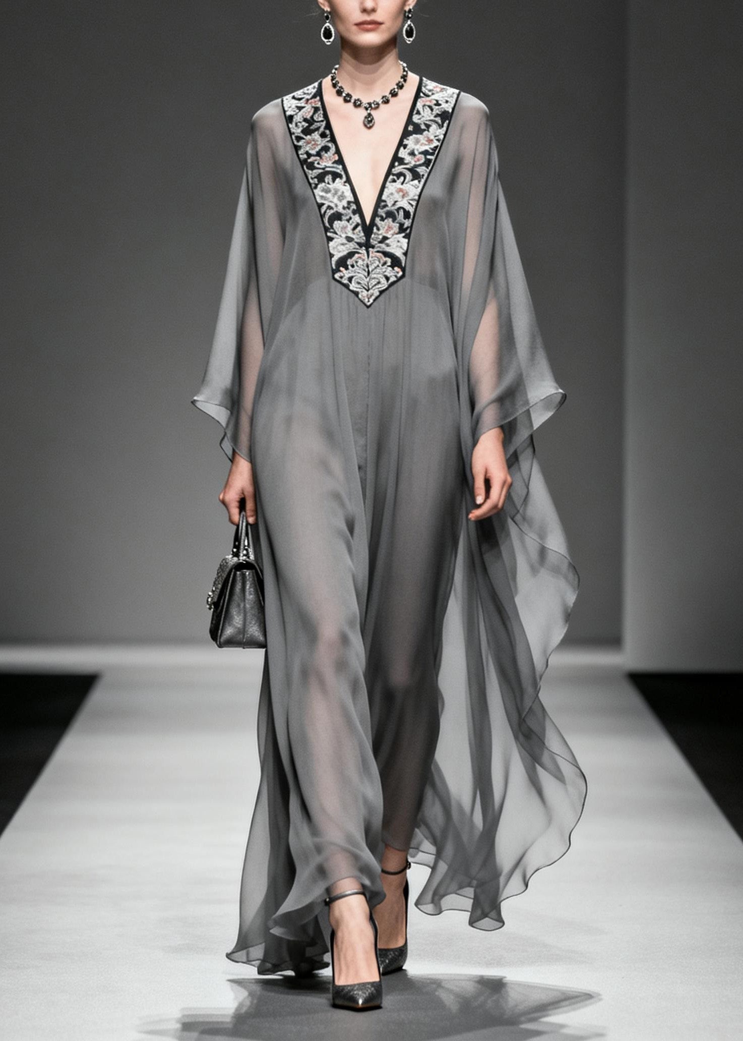 Floral Embroidery Deep V-Neck Angel Sleeve Sheer Chiffon Kaftan Maxi Dress