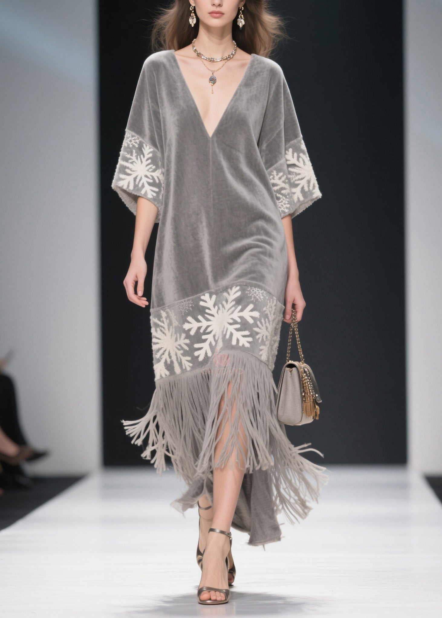 Velvet Deep V-Neck Snowflake Embroidery Wide Sleeve Fringe Hem Midi Dress