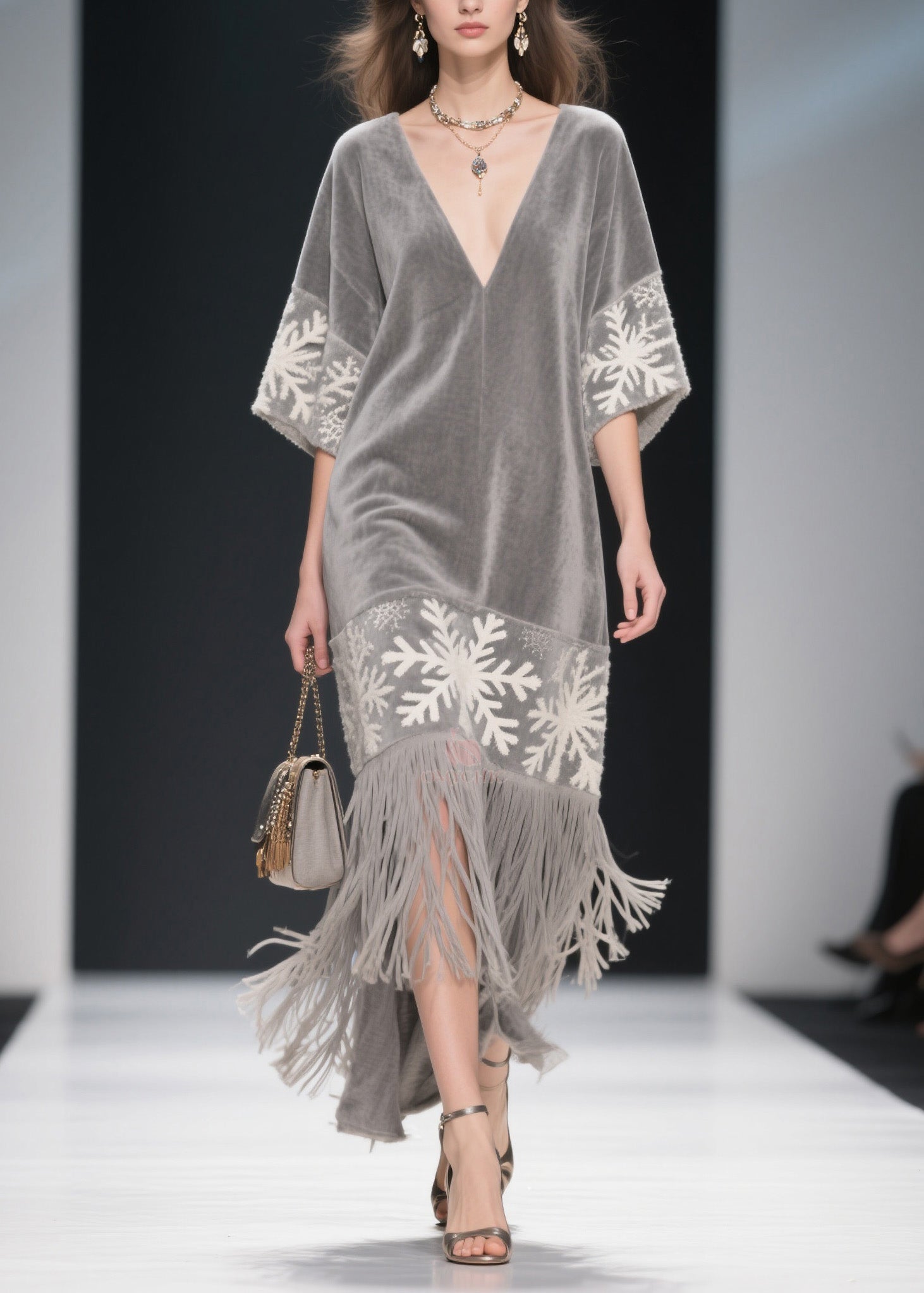 Velvet Deep V-Neck Snowflake Embroidery Wide Sleeve Fringe Hem Midi Dress