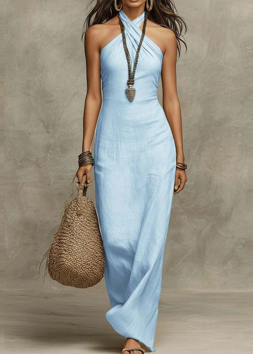 Boutique Khaki Halter Silm Fit Cotton Long Dresses Summer