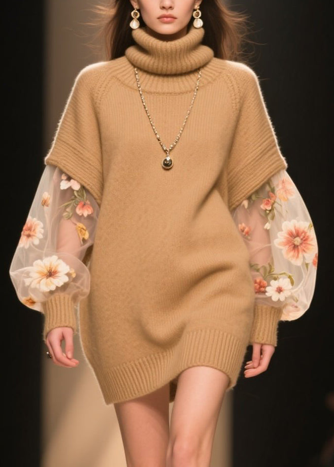 Turtleneck Floral Embroidered Mesh Bishop Sleeve Knit Sweater Mini Dress