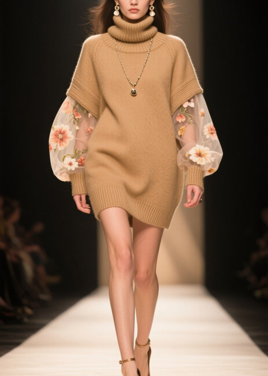 Turtleneck Floral Embroidered Mesh Bishop Sleeve Knit Sweater Mini Dress