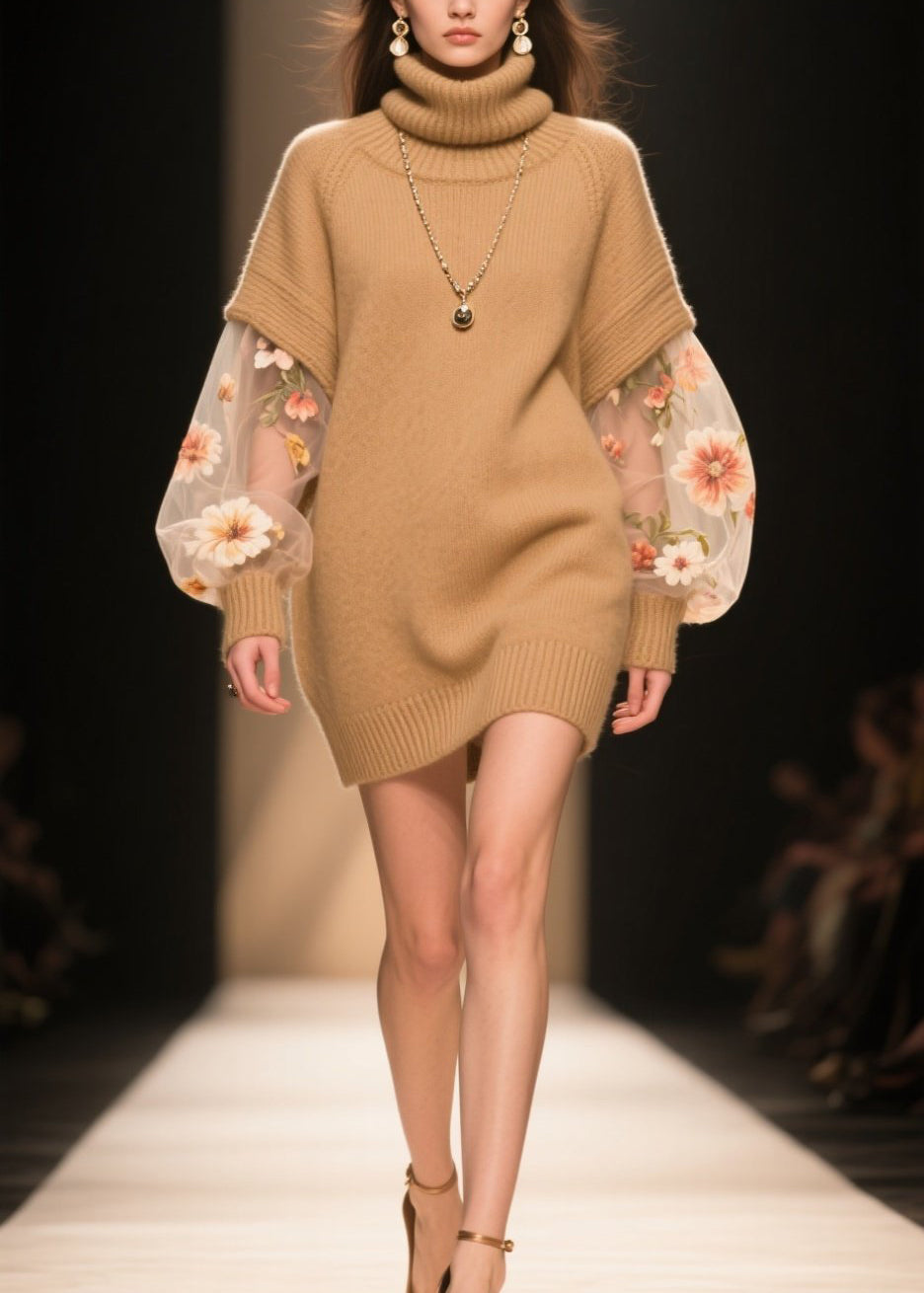 Turtleneck Floral Embroidered Mesh Bishop Sleeve Knit Sweater Mini Dress