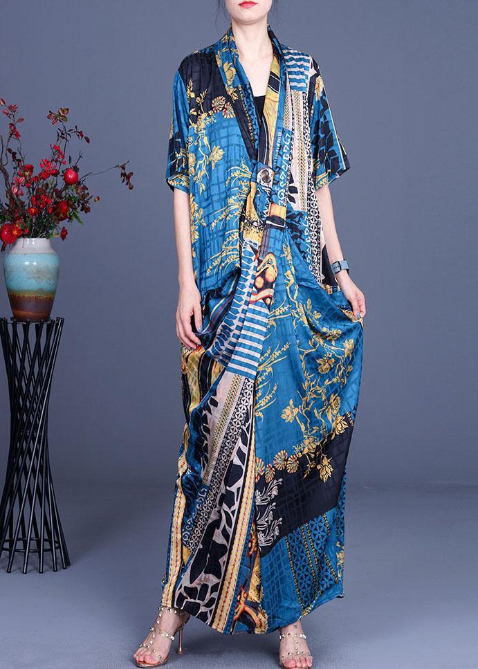 Patchwork Print V-Neck Short Sleeve Draped Wrap Oversized Maxi Dress