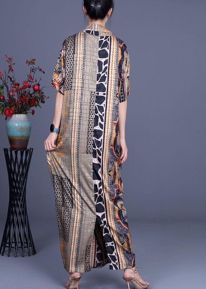 Boutique Khaki Print Overlapping asymmetrical design Silk Summer Maxi Dress