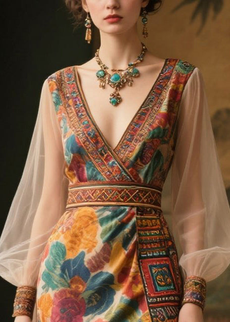 Floral Print Wrap Deep V-Neck Embroidered Trim Balloon Sleeve High Split Maxi Gown