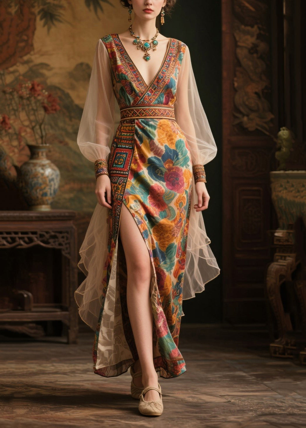 Floral Print Wrap Deep V-Neck Embroidered Trim Balloon Sleeve High Split Maxi Gown