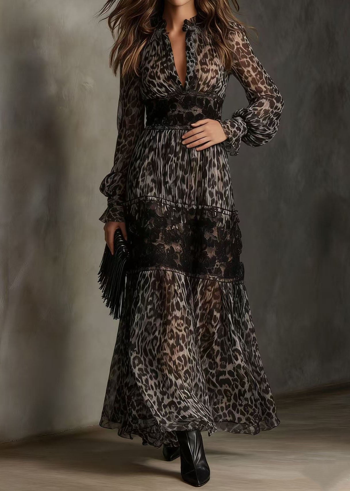 Animal Print Lace Trim Deep V-Neck Ruffle Collar Tiered Long Sleeve Maxi Dress