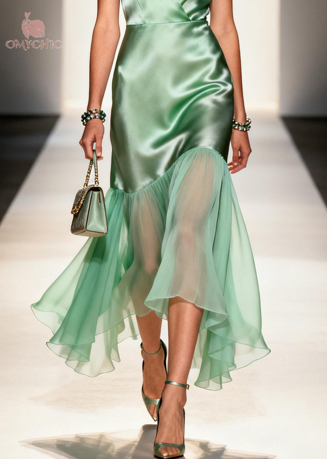 Satin Wrap V-Neck Sleeveless Chiffon Ruffle High Low Hem Midi Dress