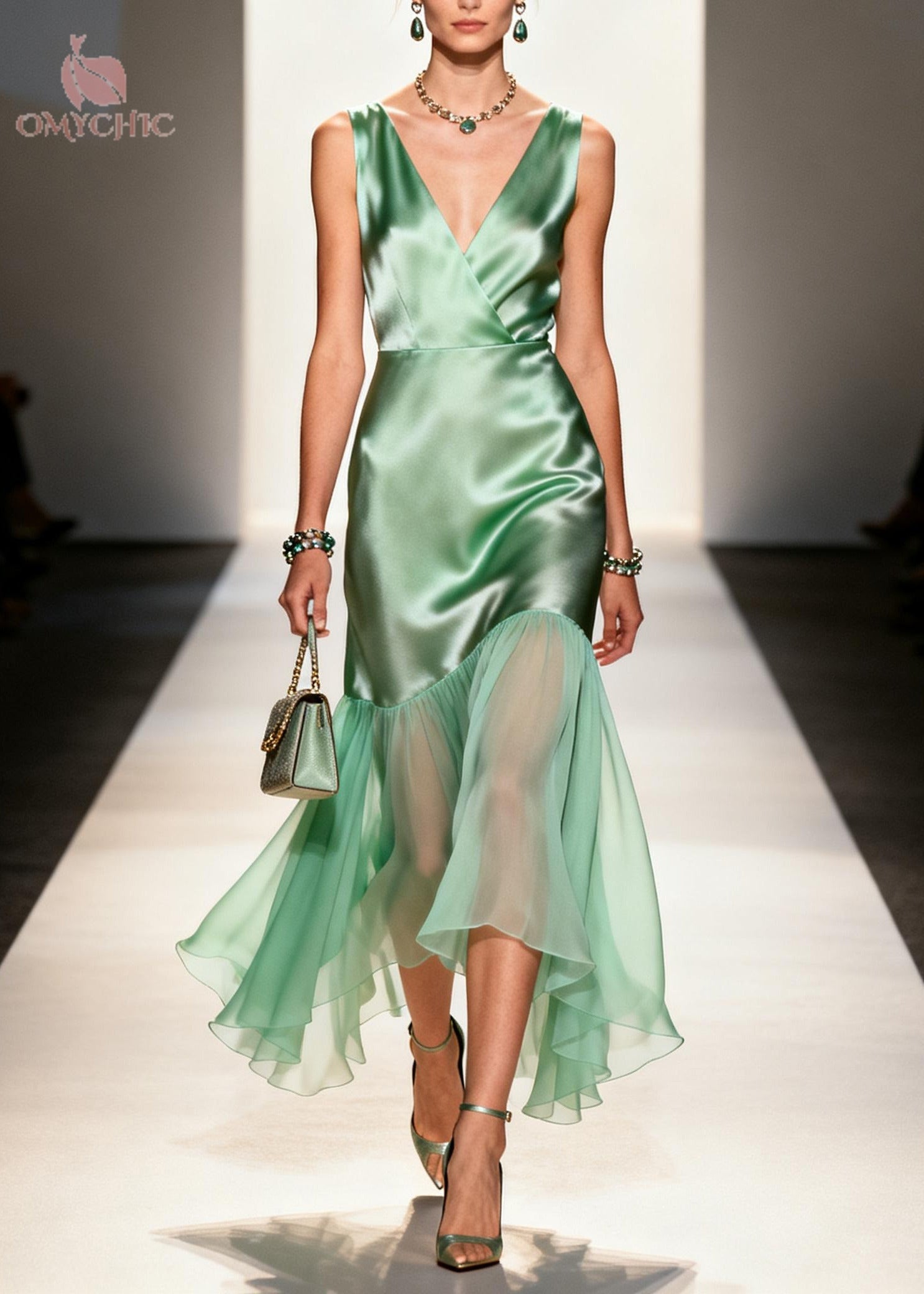 Satin Wrap V-Neck Sleeveless Chiffon Ruffle High Low Hem Midi Dress
