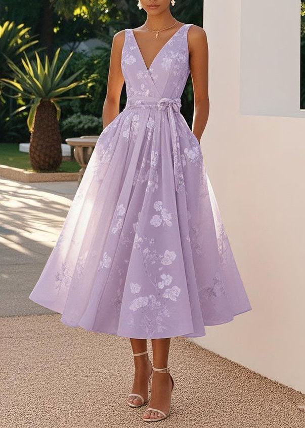 Boutique Light Pink V Neck Print Wrinkled Chiffon Maxi Dresses Sleeveless - View 4
