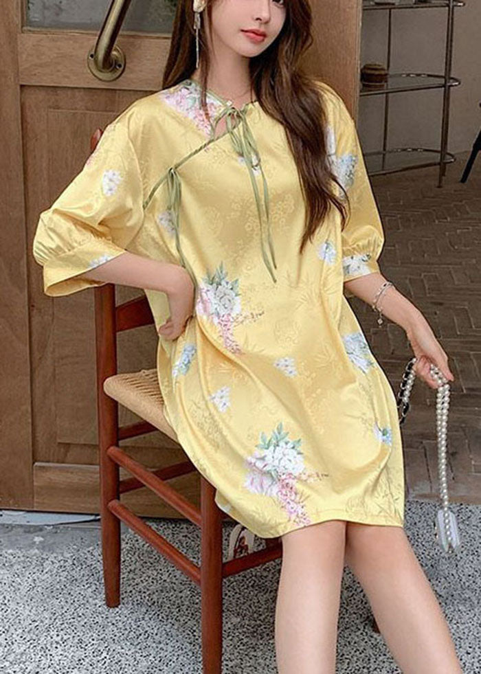 Satin Jacquard Mandarin Collar Lace Up Keyhole Three Quarter Sleeve Shift Mini Dress