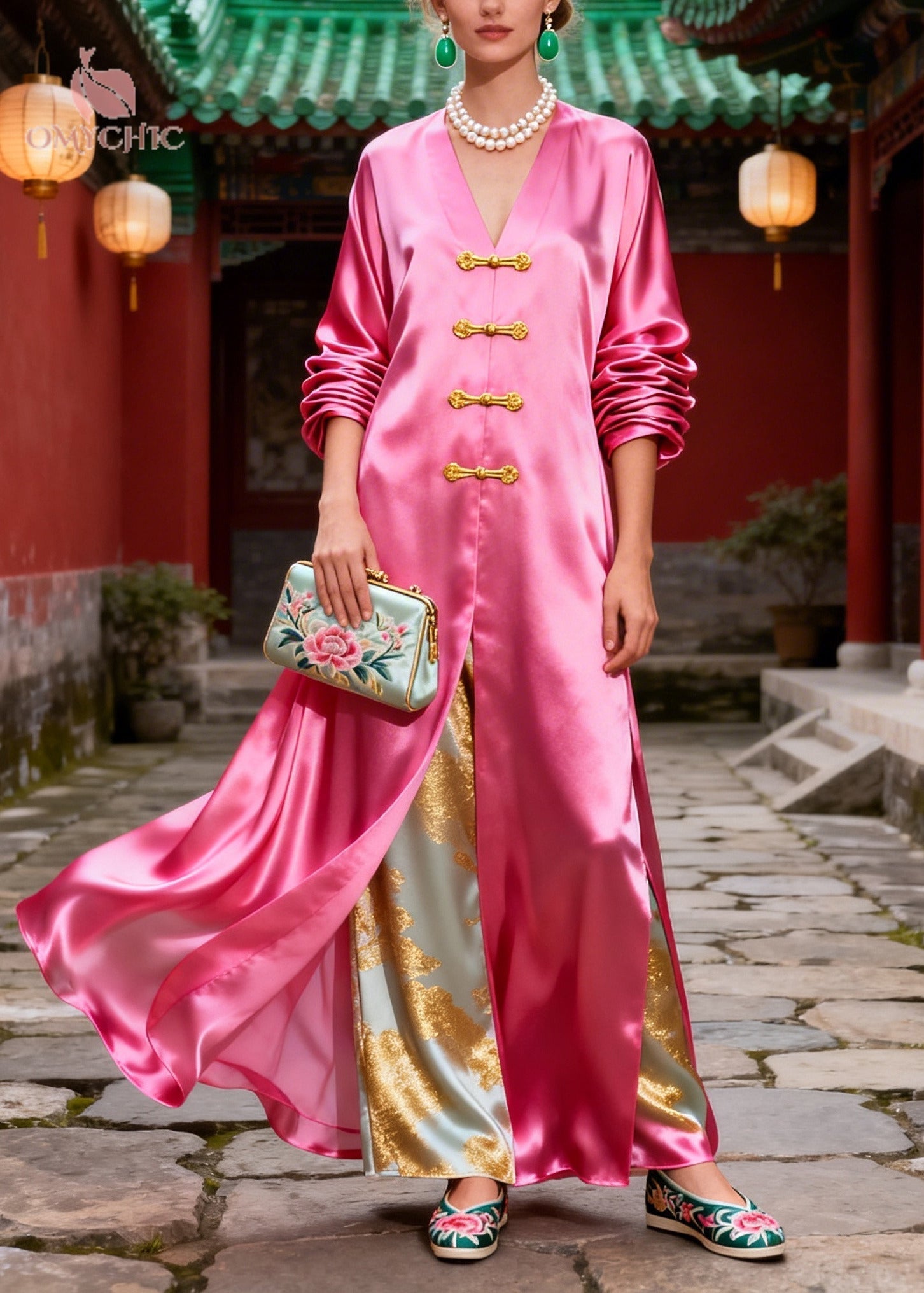 Jacquard Floral Satin Frog Button Side Slit Faux Two-Piece Wide Leg Maxi Dress