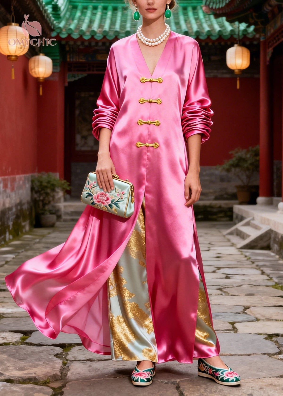 Jacquard Floral Satin Frog Button Side Slit Faux Maxi Dress - View 3