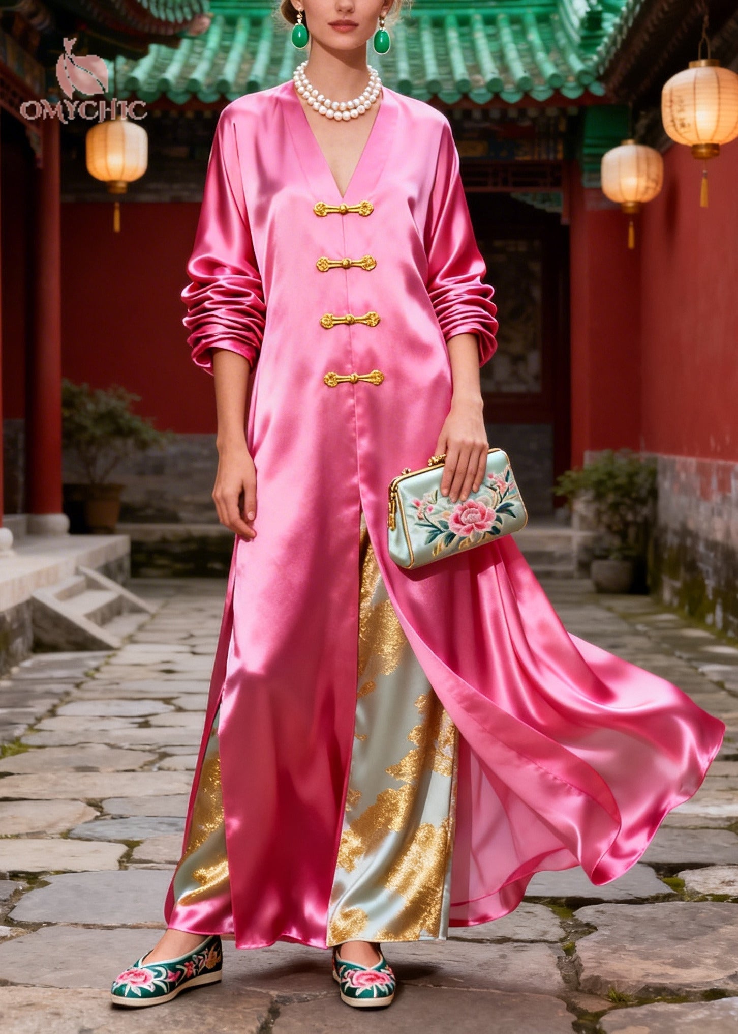 Jacquard Floral Satin Frog Button Side Slit Faux Two-Piece Wide Leg Maxi Dress