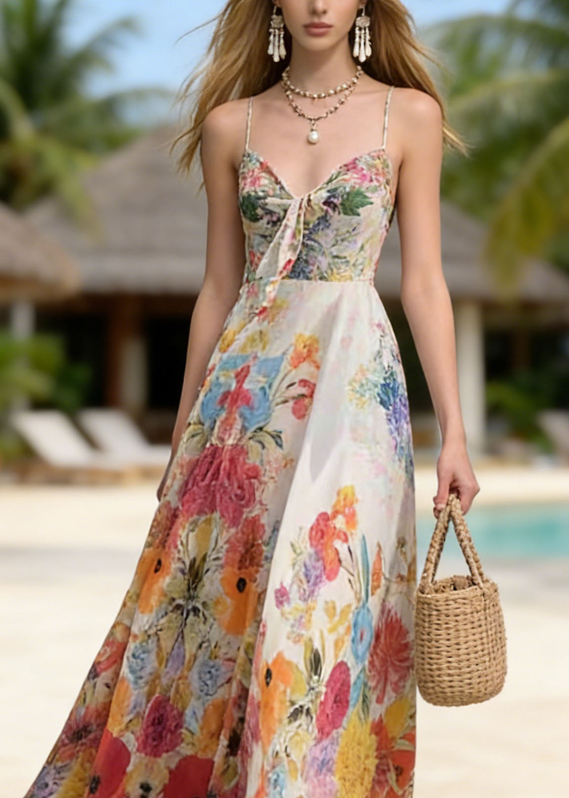 Floral Spaghetti Strap Sweetheart Fit and Flare Maxi Dress