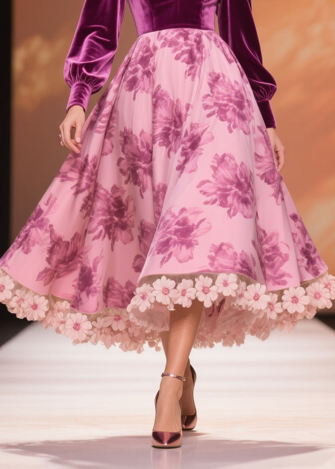 Velvet Patchwork Floral Print Deep V-Neck Bishop Sleeve A-Line Midi Dress