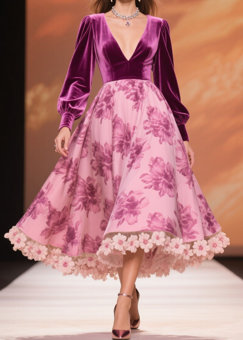 Velvet Patchwork Floral Print Deep V-Neck Bishop Sleeve A-Line Midi Dress